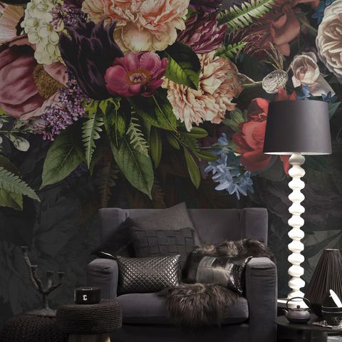 Dark Vine Floral and Peony Blossom Wallpaper Mural
