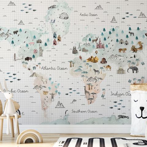 Kids Map with Little Animals Wallpaper Mural