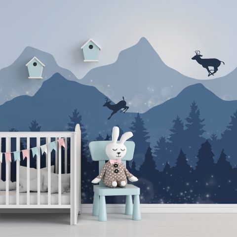 Monochrome Dark Blue Snowy Forest with Horned Deer Silhouette for Kids Nursery Wallpaper Mural