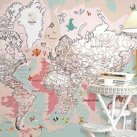 Pink Political World Map with Animals Wallpaper Mural
