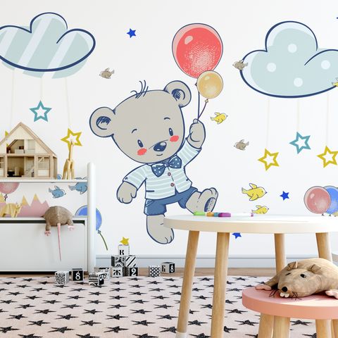 Kids Flying Cute Bear and Colorful Stars in the Cartoon Sky Wall Decal Sticker
