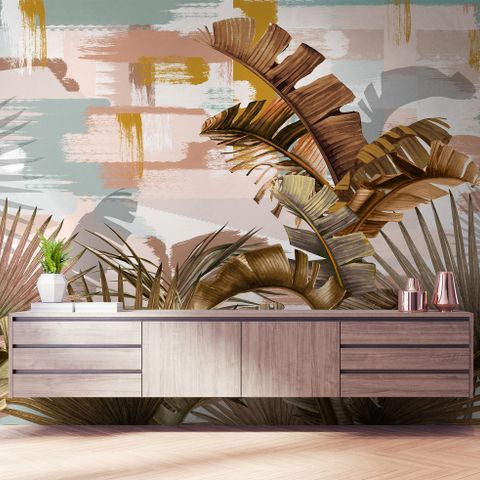 Tropical Leaf Painting with Brush Strokes Wallpaper Mural