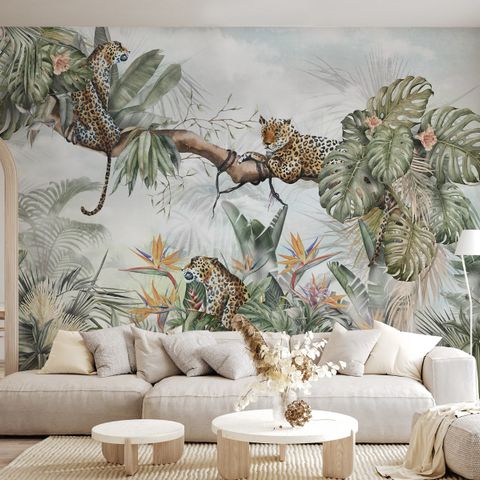 Leopards and Tropical Leaves Wallpaper Mural