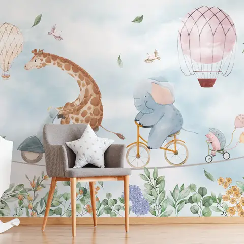 Kids Cycling Riding Cute Animals Wallpaper Mural