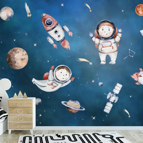 Kids Watercolor Space with Planets Wallpaper Mural