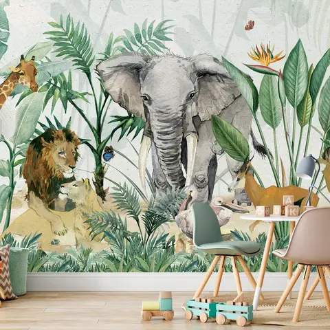 Kids Tropical Safari Animals with Green Leafs Wallpaper Mural