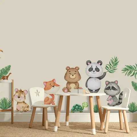 Kids Cute Animals with Banana Leaves Wall Decal Sticker